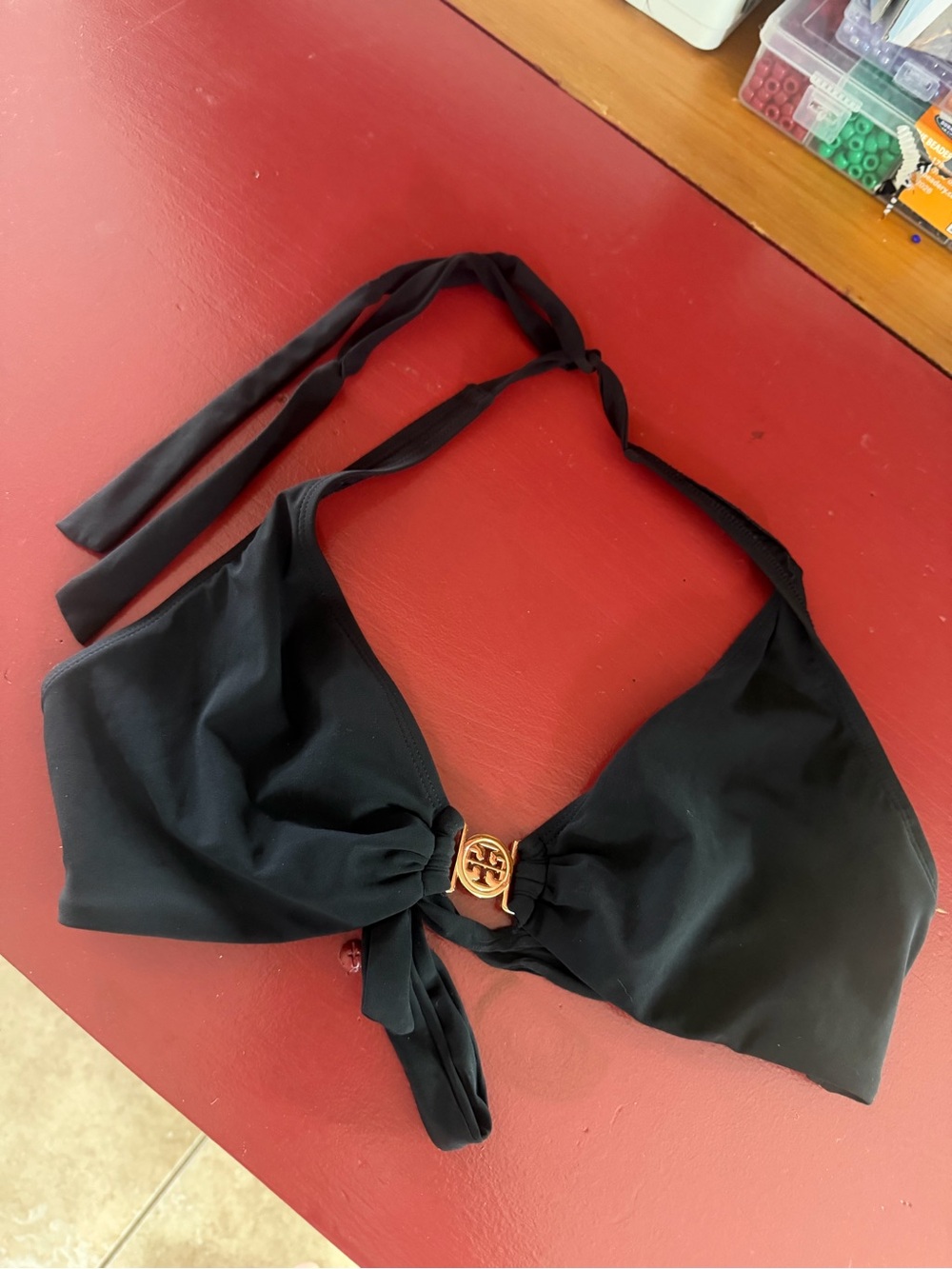Tory Burch Black Halter Bikini Top with Gold Logo Accent